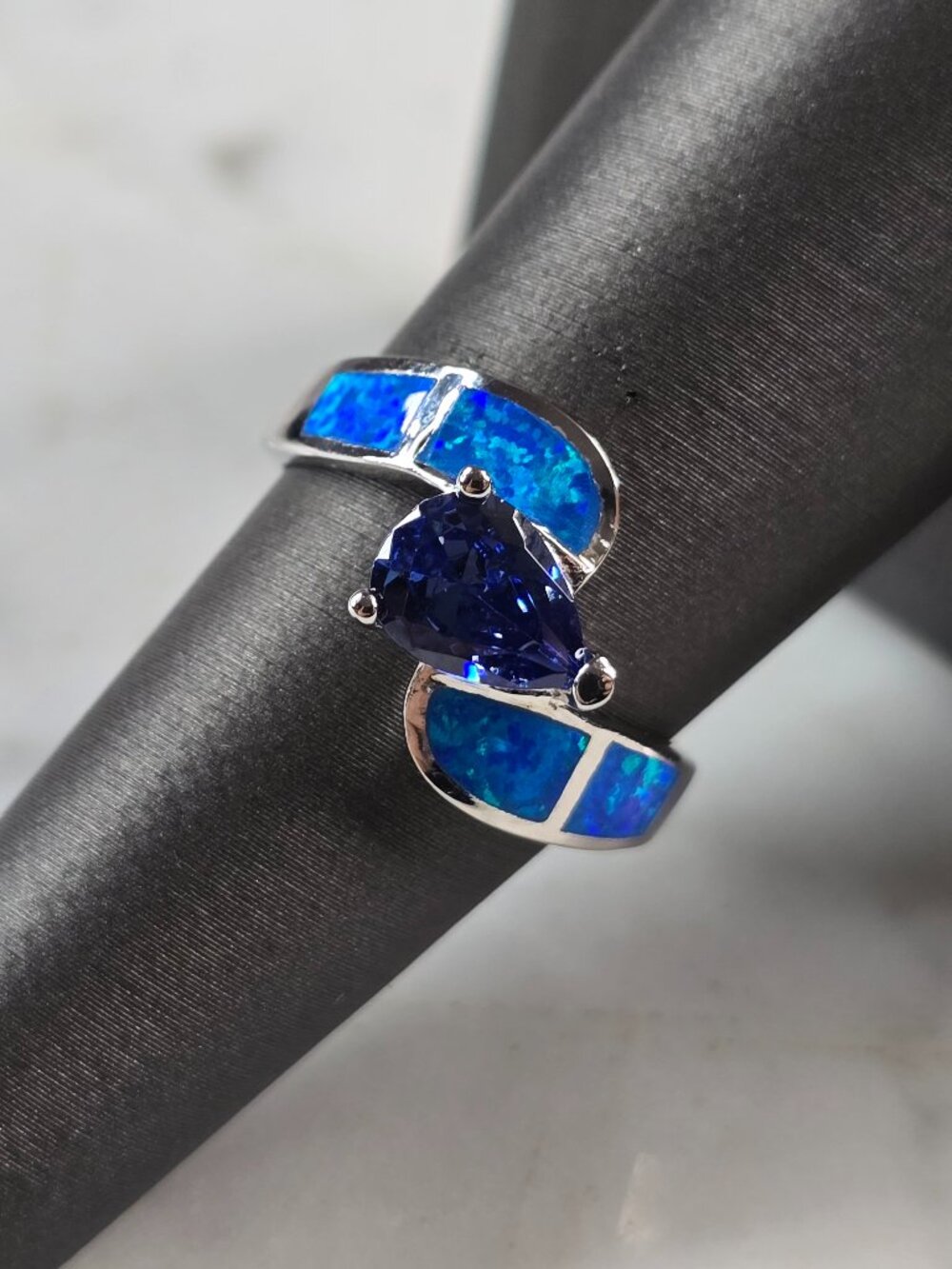 Womens Sterling Silver Blue Opal Tanzanite Modernist Ring 3.9g E4196
